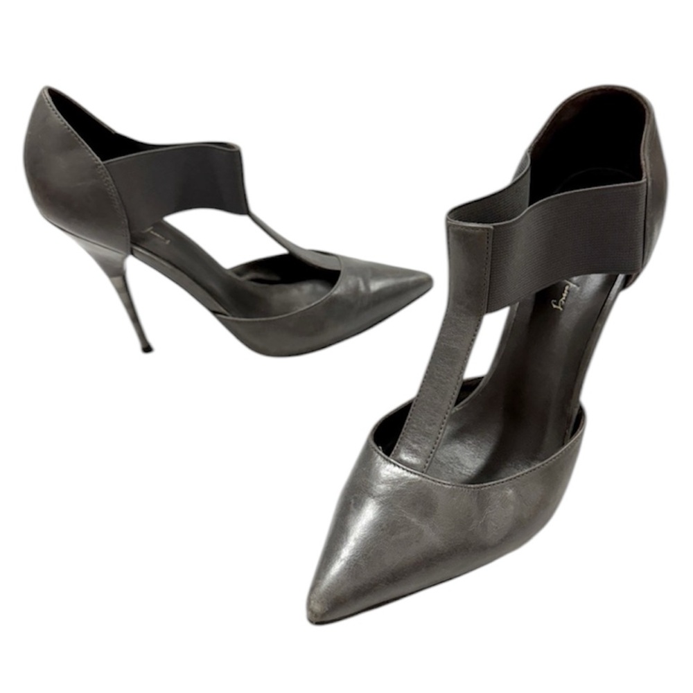 ELIZABETH and JAMES E-JOLIE t-strap heels pumps GRAY leather stilettos strappy